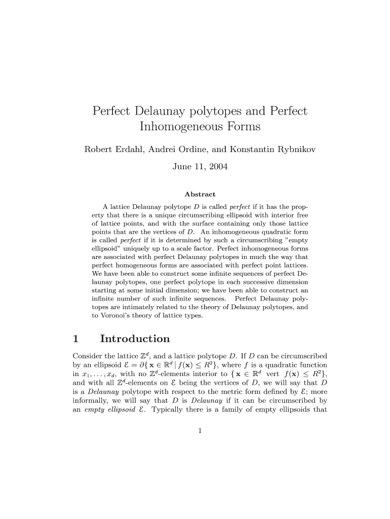 Perfect Delaunay polytopes and Perfect Inhomogeneous Forms Preview on Page 1