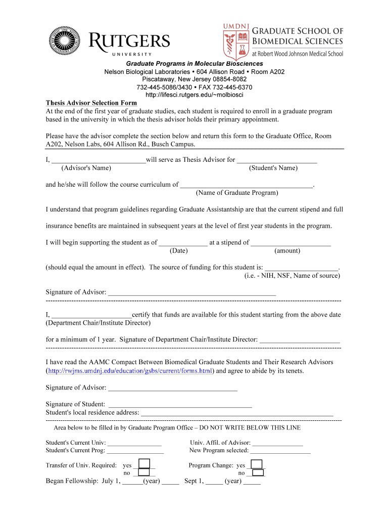 Thesis Advisor Selection Form At the end of the first year of graduate Preview on Page 1