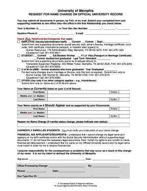 University of Memphis Name Change Request Form