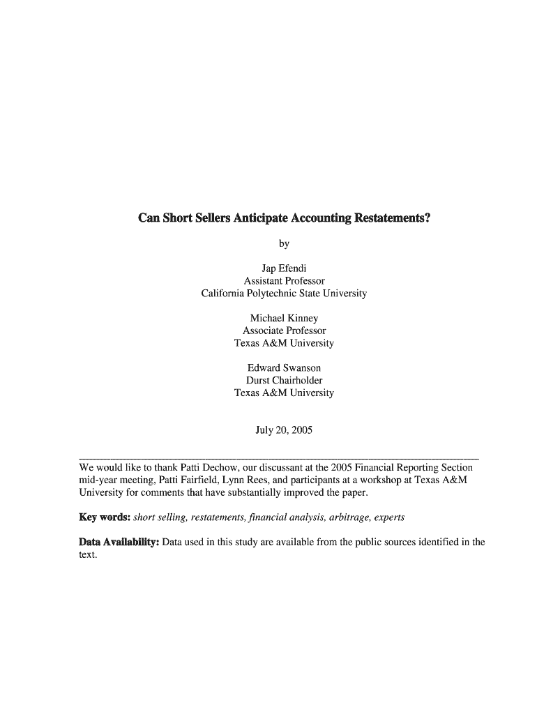 Can Short Sellers Anticipate Accounting Restatements? - UMdrive - umdrive memphis Preview on Page 1