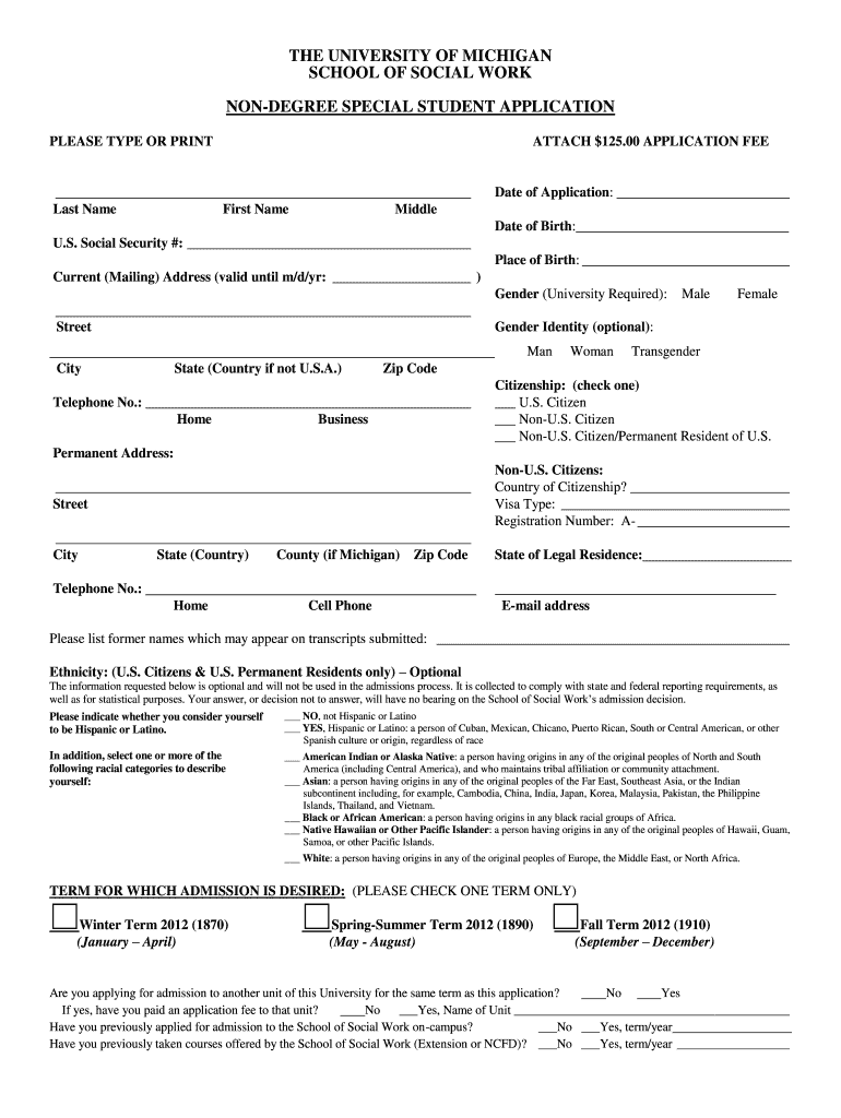 A Special Student Non-Degree Application - University of Michigan Preview on Page 1