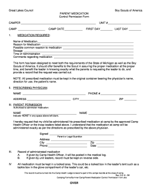 Boy Scouts of America Parent Medication Control Permission Form