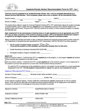 Academic/Faculty Advisor Recommendation Form for CPT