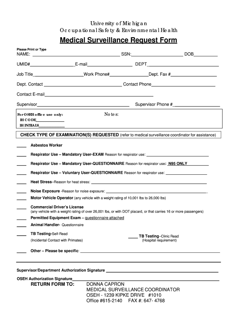 Medical Surveillance Request Form - OSEH - University of Michigan Preview on Page 1