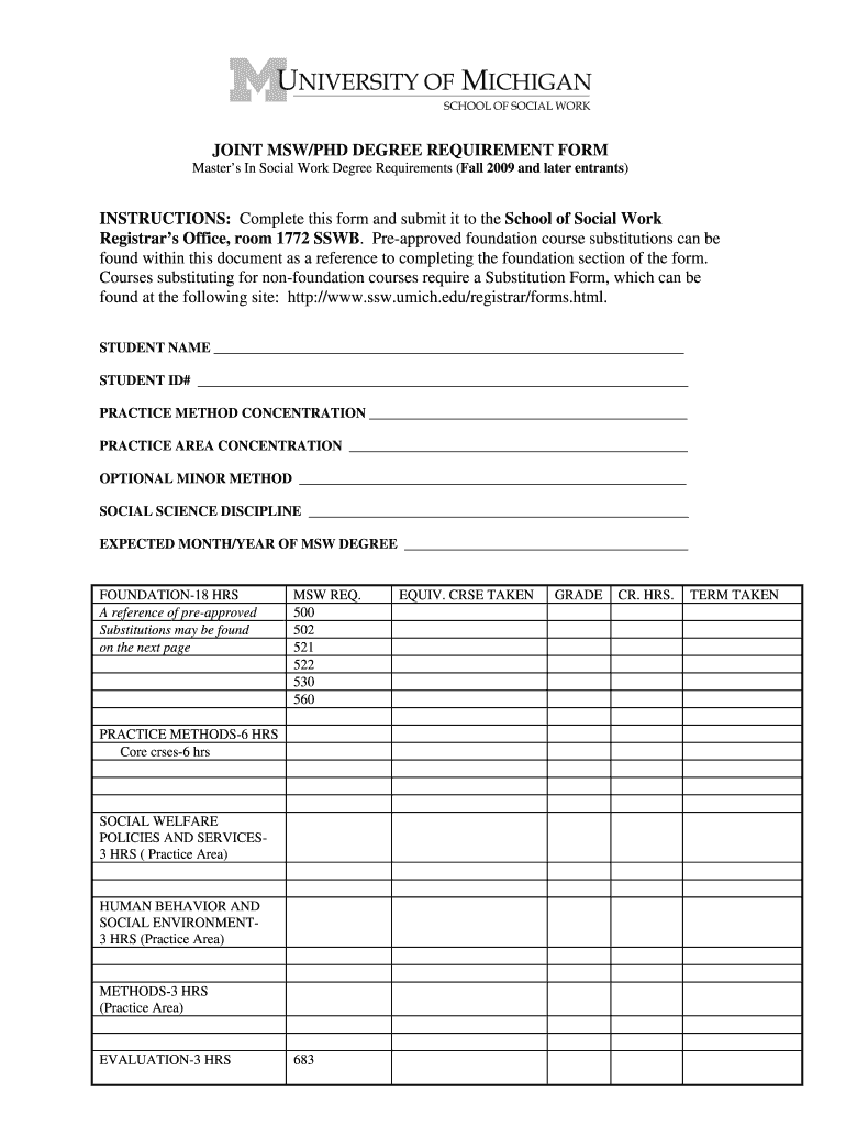 Joint MSW PhD Degree Requirement Form - University of Michigan Preview on Page 1