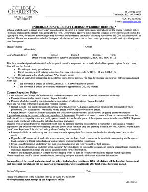 Undergraduate Repeat Course Override Request Form - registrar cofc