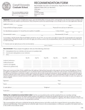 Cornell University Graduate School Recommendation Form