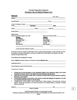 Cornell Cooperative Extension Permission Slip and Medical Release Form