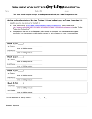 Enrollment Worksheet for Online Registration