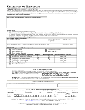 University of Minnesota Enrollment Certification Request