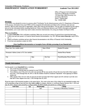 University of Minnesota Independent Verification Worksheet