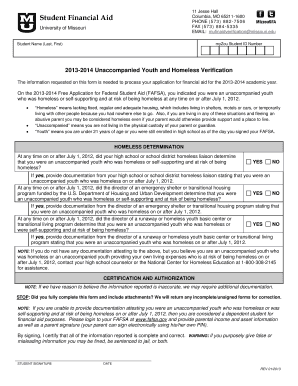 2013-2014 Unaccompanied Youth and Homeless Verification Form