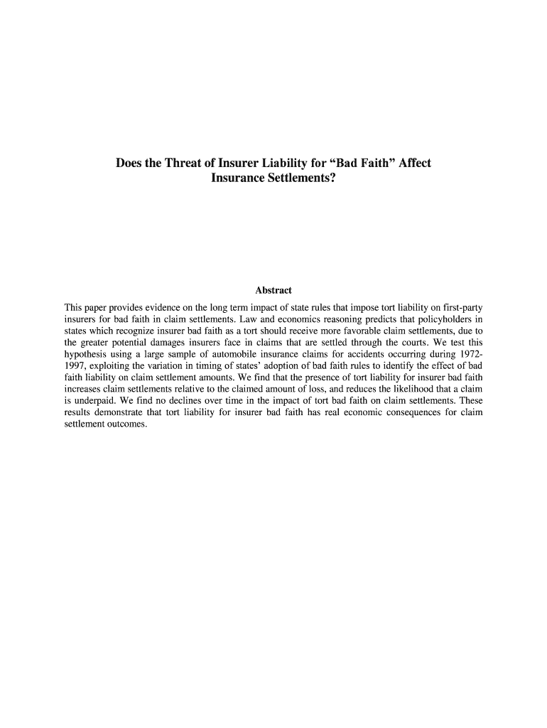 Does the Threat of Insurer Liability for Bad Faith - Sharon Tennyson Preview on Page 1