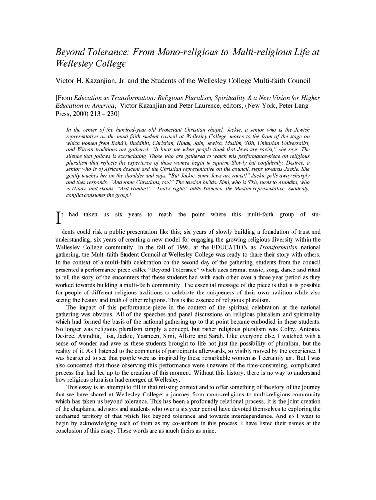Beyond Tolerance: From Mono-religious to Multi - Wellesley College - wellesley Preview on Page 1