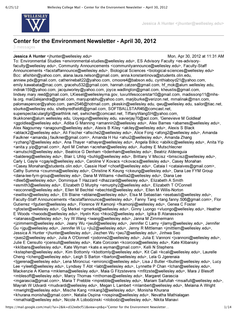 6 25 12 Wellesley College Mail Center for the Environment Newsletter April 30, 2012 JessicaAHunterjh Preview on Page 1