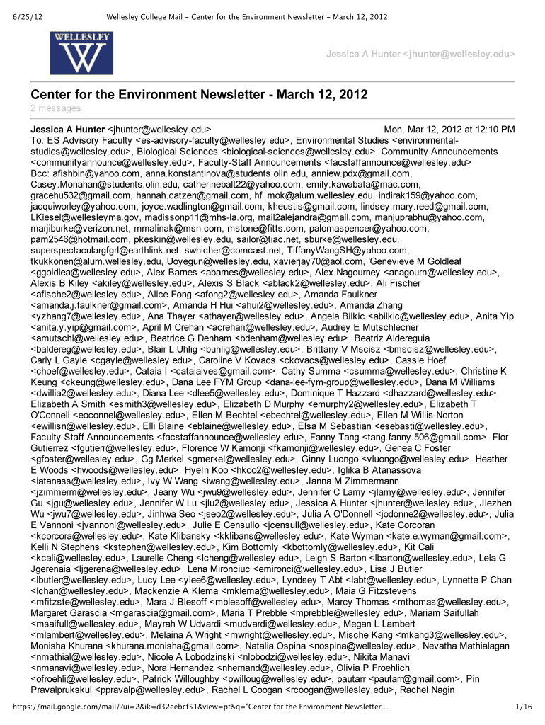 6 25 12 Wellesley College Mail Center for the Environment Newsletter March 12, 2012 JessicaAHunterjh Preview on Page 1