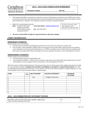 2013-2014 FAFSA Verification Worksheet