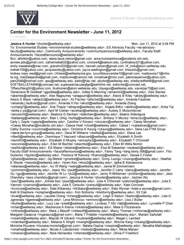 6 25 12 Wellesley College Mail Center for the Environment Newsletter June 11, 2012 JessicaAHunterjhu Preview on Page 1