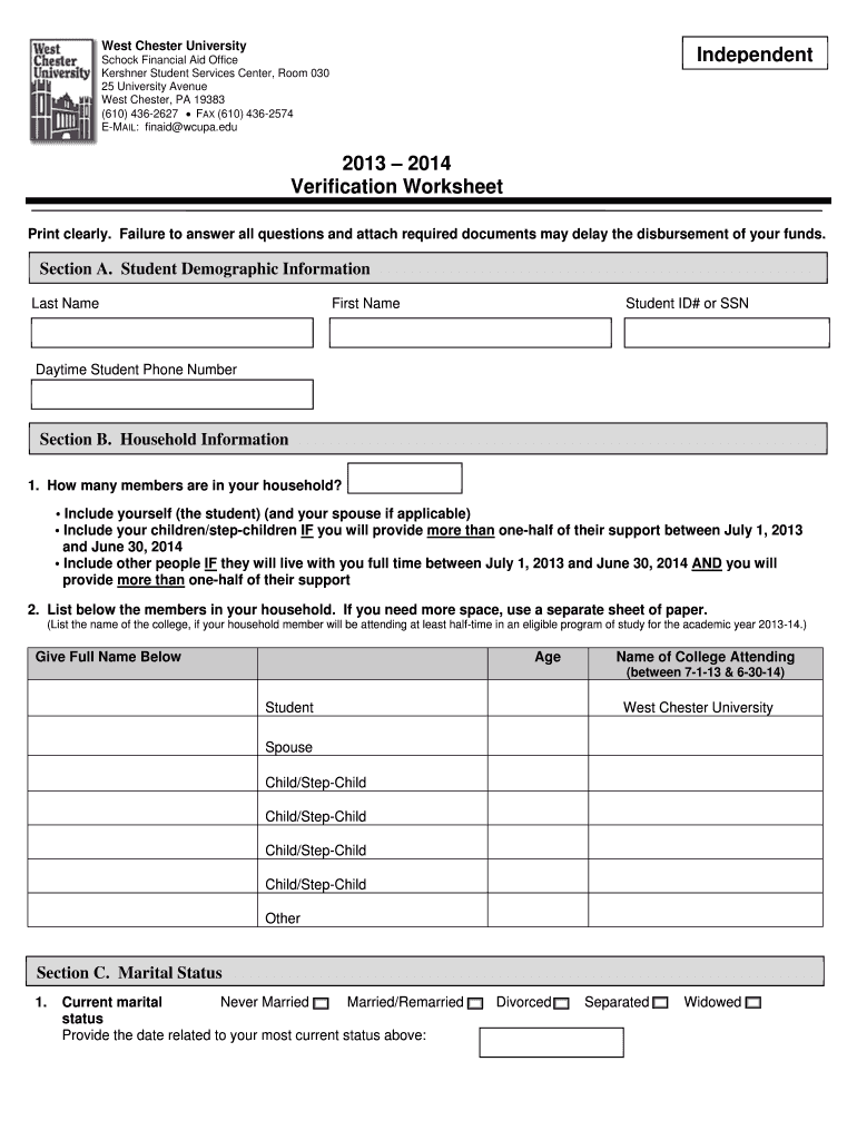 West Chester University Independent Schock Financial Aid Office Kershner Student Services Center, Ro Preview on Page 1