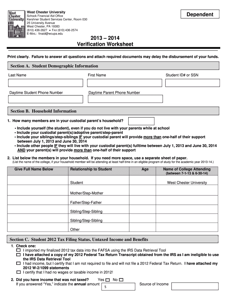 West Chester University Dependent Schock Financial Aid Office Kershner Student Services Center, Room Preview on Page 1