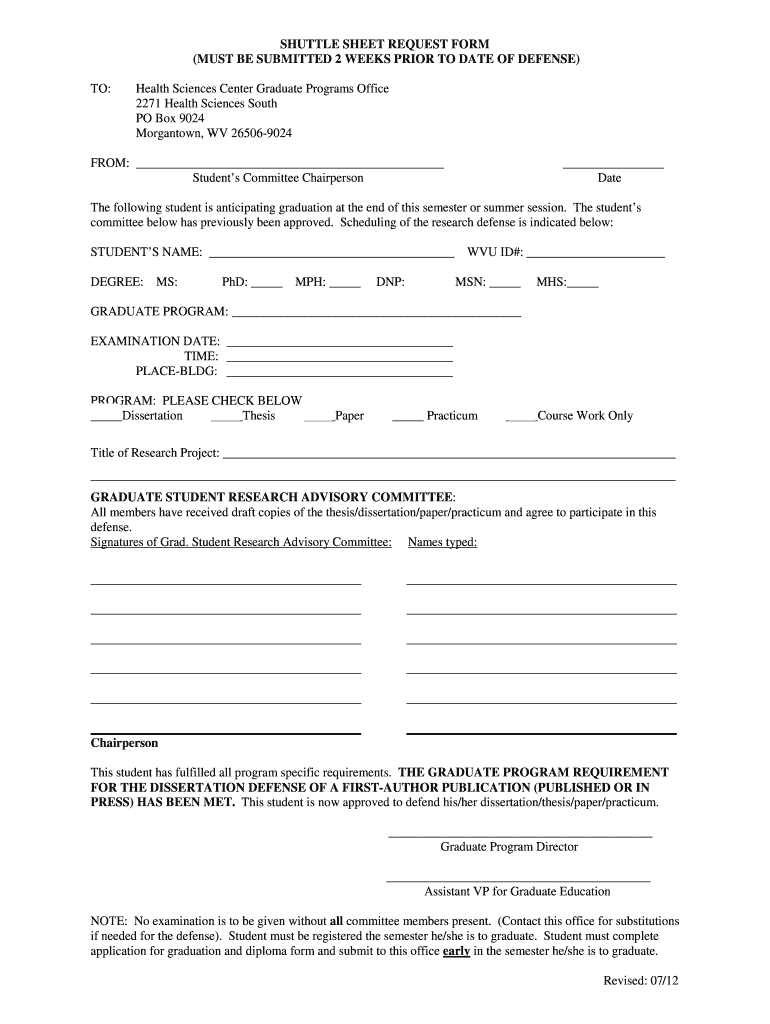 Shuttle sheet request form - Robert C Byrd Health Sciences Center Preview on Page 1