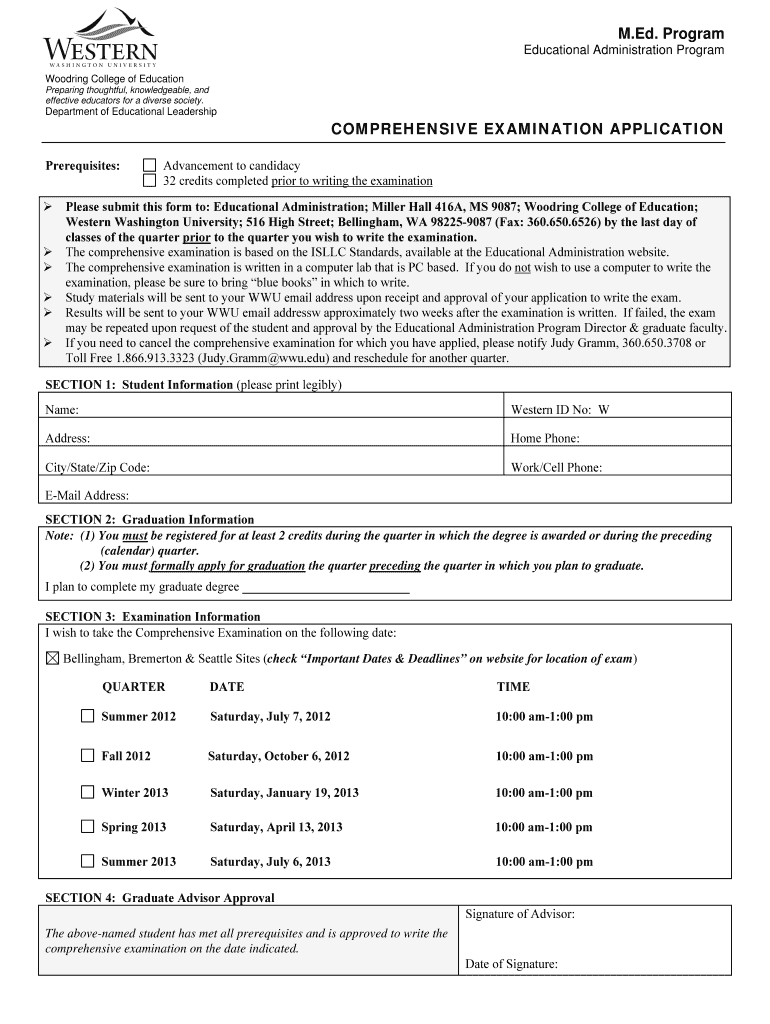 M Ed Program COMPREHENSIVE EXAMINATION APPLICATION Preview on Page 1