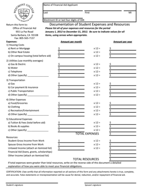 Financial Aid Expense Form