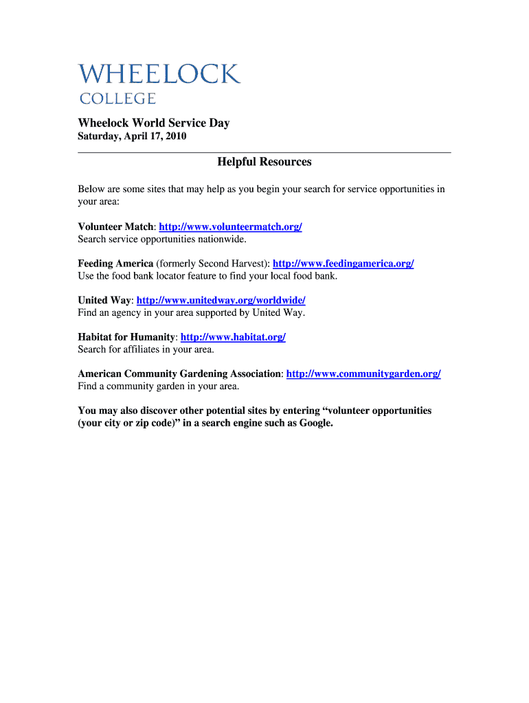 Wheelock World Service Day Helpful Resources - wheelock Preview on Page 1