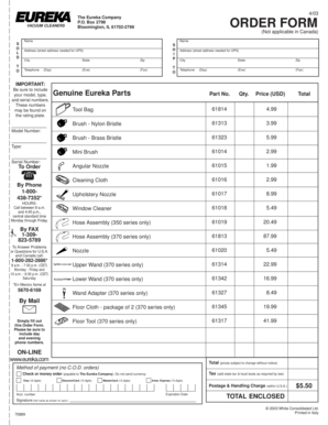 Eureka Vacuum Cleaner Order Form