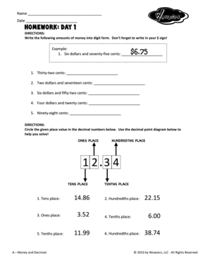 Money and Decimals Homework