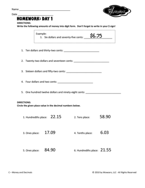 Money and Decimals Homework