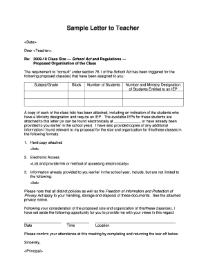 Letter to Teacher on Class Size Consultation