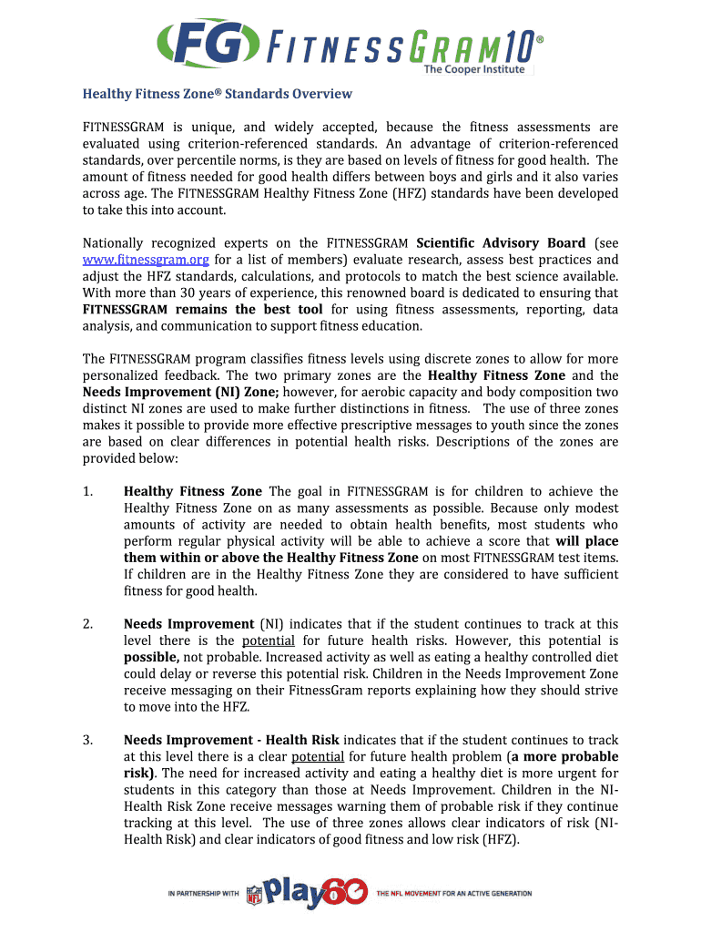 Fillable Online Healthy Fitness Zone Standards Overview Fax Email Print