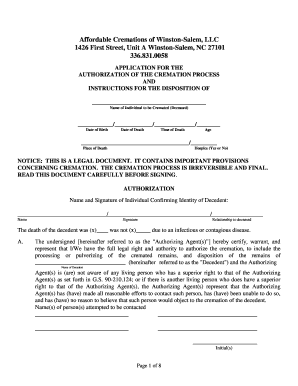 North Carolina Cremation Authorization Form