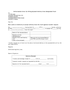 Authorisation Letter for Vault Delivery