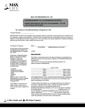 Addendum to Life Insurance Proposal under Married Women’s Property Act