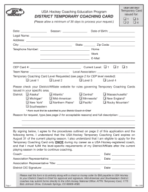 USA Hockey Temporary Coaching Card Application