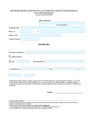 Dichiarazione Sostitutiva di Certificazione di Residenza