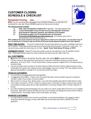 Customer Closing Schedule and Checklist