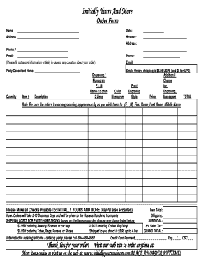 Initially Yours And More Order Form