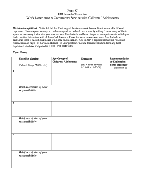 URI School of Education Work Experience Form