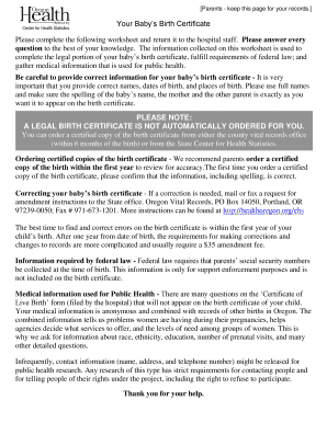 Oregon Birth Certificate Parent Worksheet