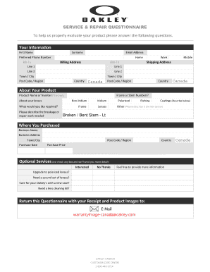 Oakley Service & Repair Questionnaire