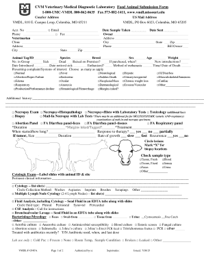 Veterinary Medical Diagnostic Laboratory Food Animal Submission Form