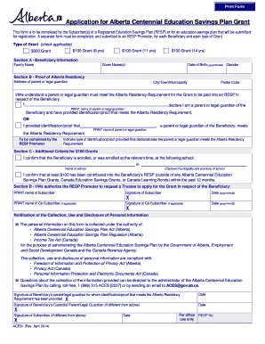 Alberta Centennial Education Savings Plan Grant Application