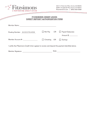Fitzsimons Credit Union Direct Deposit Authorization Form