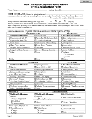 Outpatient Rehab Network Intake Assessment Form