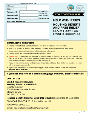 Housing Benefit and Rate Relief Claim Form for Owner Occupiers