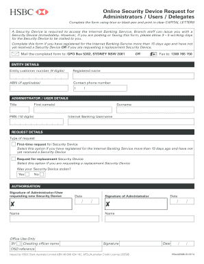 HSBC Australia Security Device Request Form