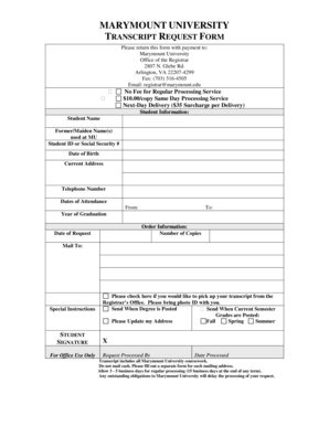 Marymount University Transcript Request Form